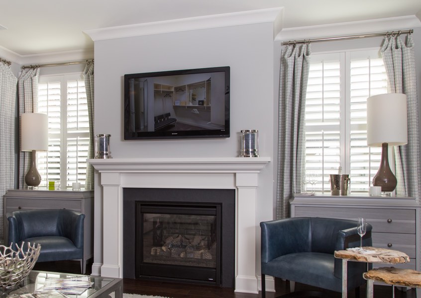 living room Cincinnati faux wood shutters